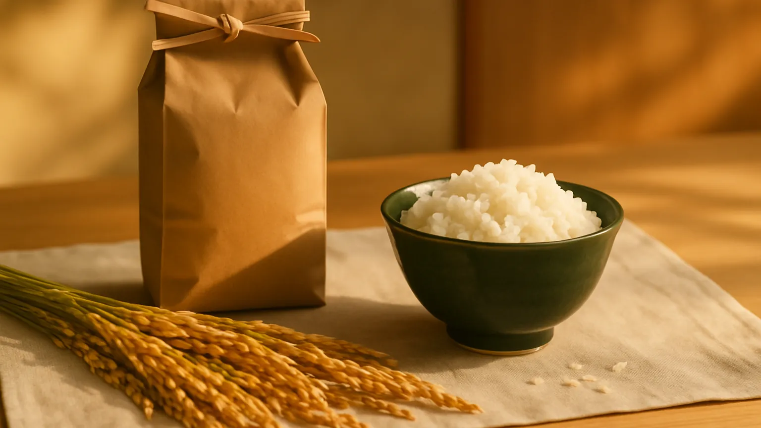 収穫したばかりの稲穂と、新米の入った紙袋、炊きたてのご飯
